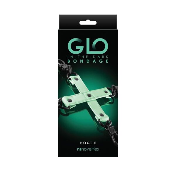GLO Bondage Hog Tie fosforoscent NS Toys Negru - Alb - Verde din Piele si Metal 657447104053