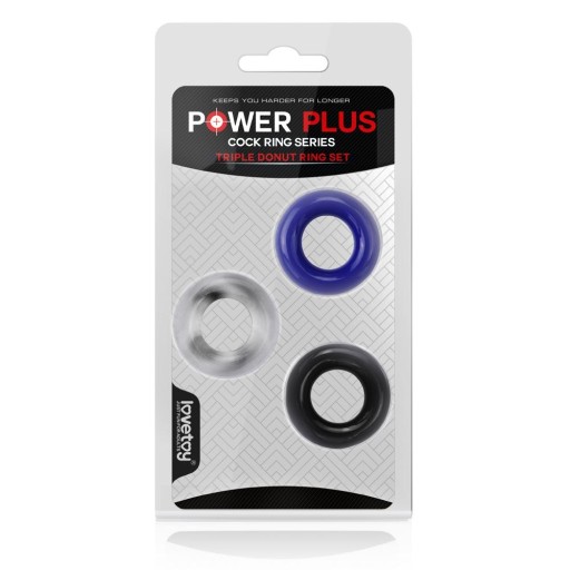 Inel Penis Power Plus Donut Rings 3 bucati Lovetoy diametru 4 cm Negru|Albastru|Transparent 6970260907996